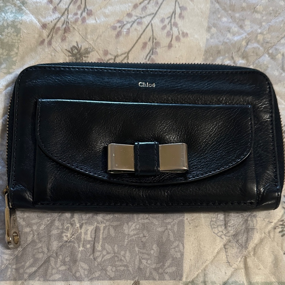 Chloe Black Leather Wallet with Gold Accents